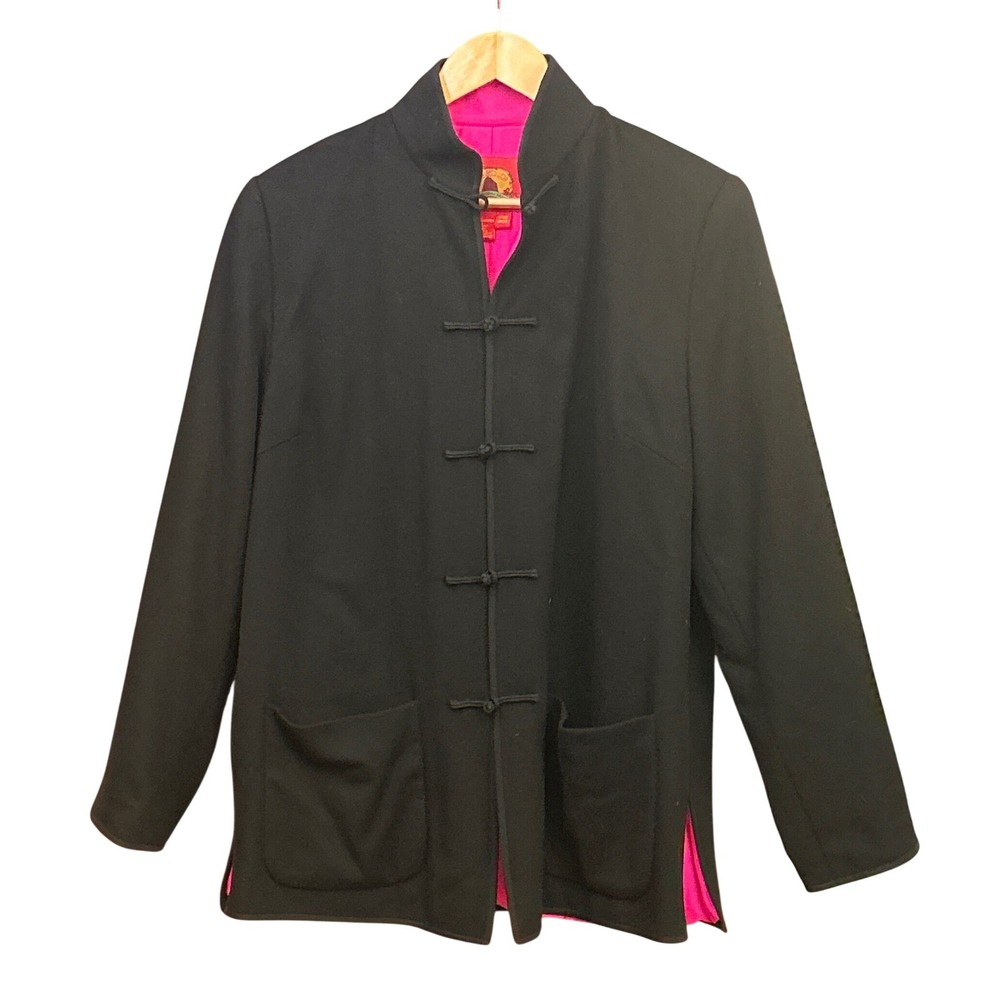 Shanghai Tang Black Mandarin Collar Jacket Silk Lining Cashmere Blend Size 12